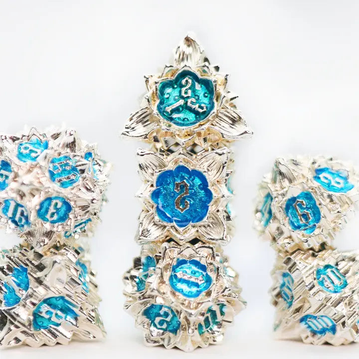 Floral Starburst: Silver Bluebells - Metal Rpg Dice Set