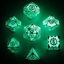 Solid Metal Gear Dice Polyhedral Dice Set - Glow in the Dark Blue