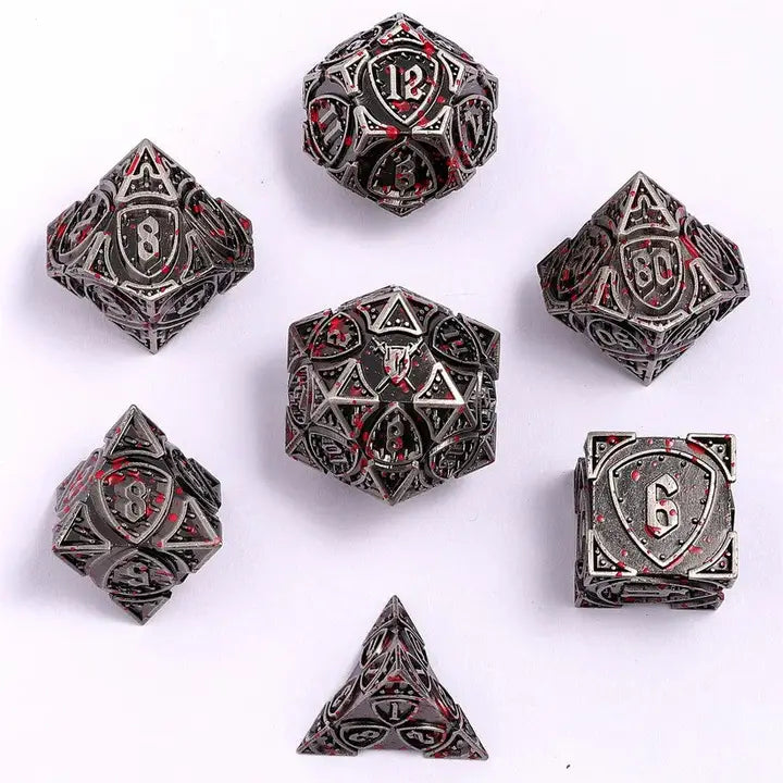 Solid Metal Fighter Dice Set - Ancient Silver W/Blood Splatter