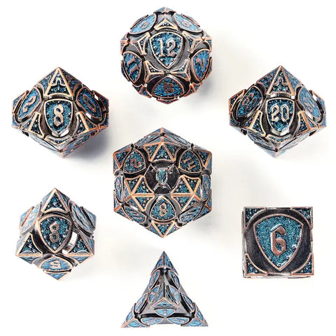 Solid Metal Fighter Dice - Ancient Copper w/Blue Glitters