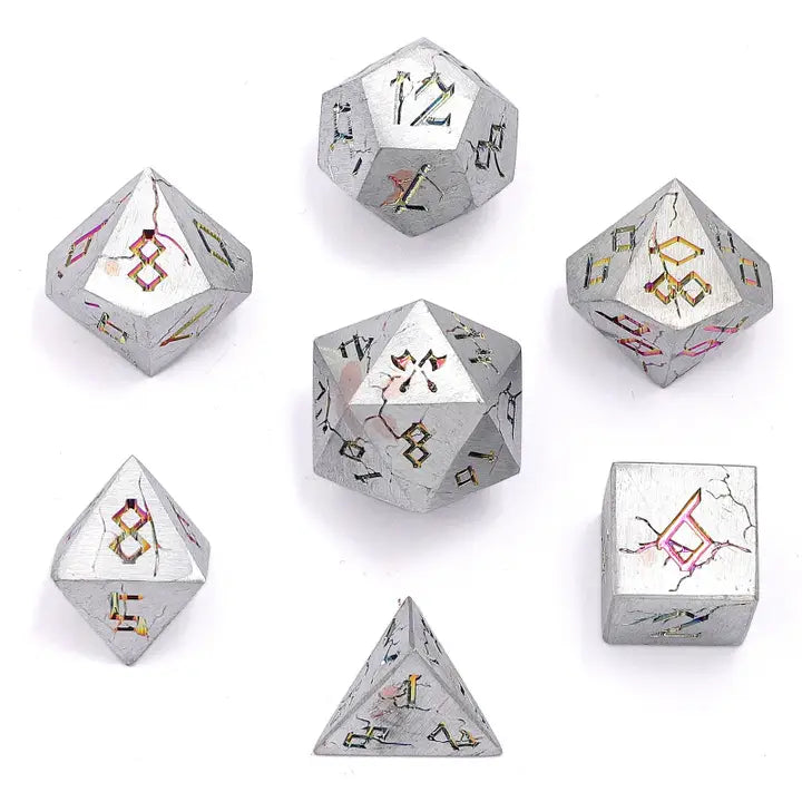 Barbarian Solid Metal Polyhedral Dice Set - Matte Silver and Rainbow