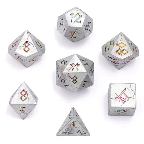 Barbarian Solid Metal Polyhedral Dice Set - Matte Silver and Rainbow