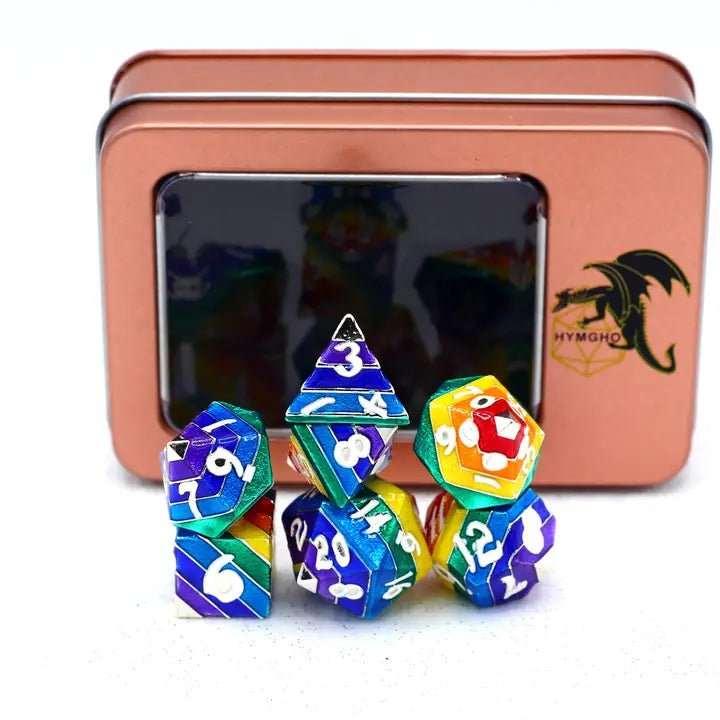 Rainbow Pride Solid Metal Dice Set - Silver with White