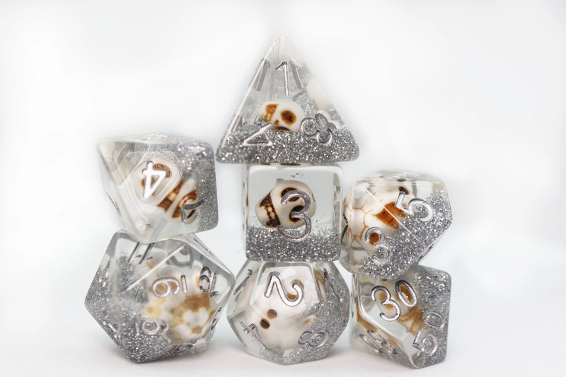 SKULL AND SILVER GLITTER RPG DICE