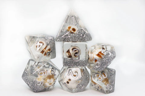 SKULL AND SILVER GLITTER RPG DICE