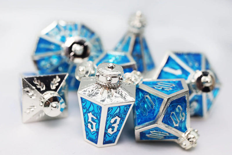 Moonlit Lantern: Silvered Frostfire - Metal RPG Dice Set