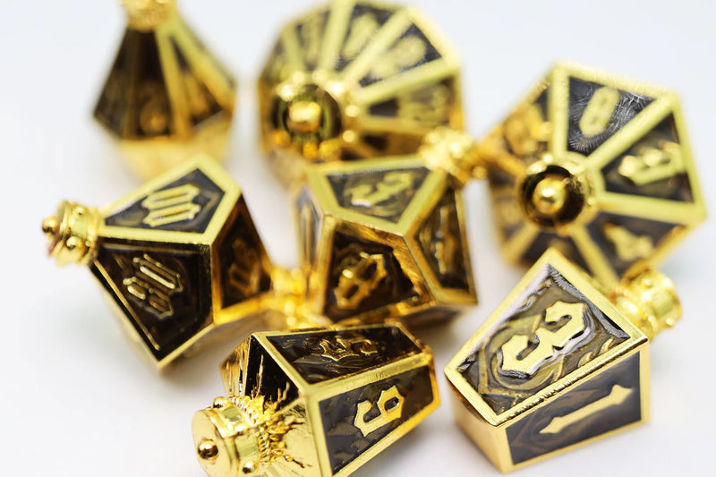 Moonlit Lantern: Golden Earthen Flames - Metal RPG Dice Set