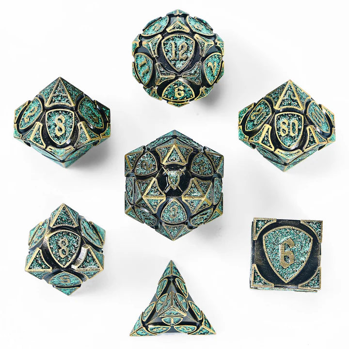 Hymgho Metal Fighter RPG Dice Set Ancient Bronze w/Green Glitters