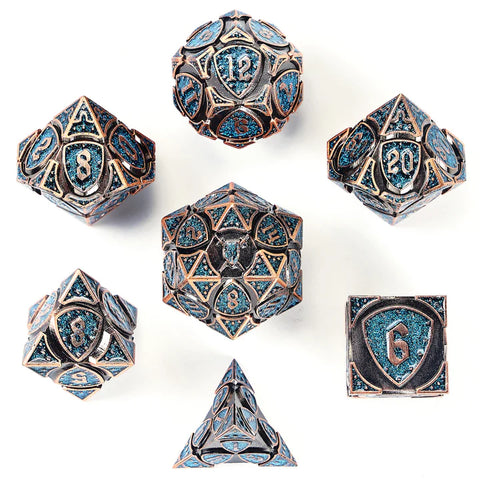Hymgho Metal Fighter RPG Dice Set Ancient Copper w/Blue Glitters