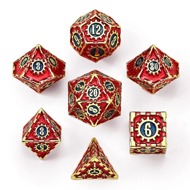 Hymgho Metal Cogcraft Polyhedral Dice Set Casino-Gold w/Red & Blue