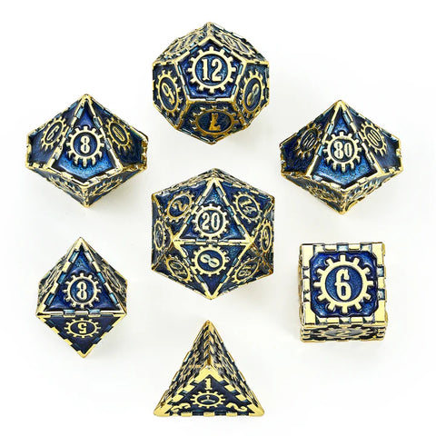 Hymgho Metal Cogcraft Polyhedral Dice Set Vault Dweller-Gold w/Blue