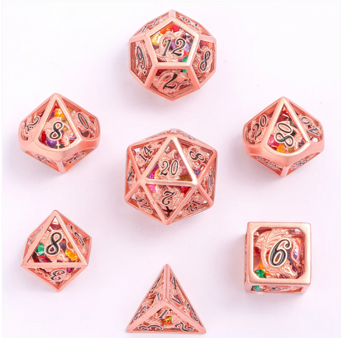 Hollow Dragon Polyhedral Dice Set Filled With Gems - Rose Gold