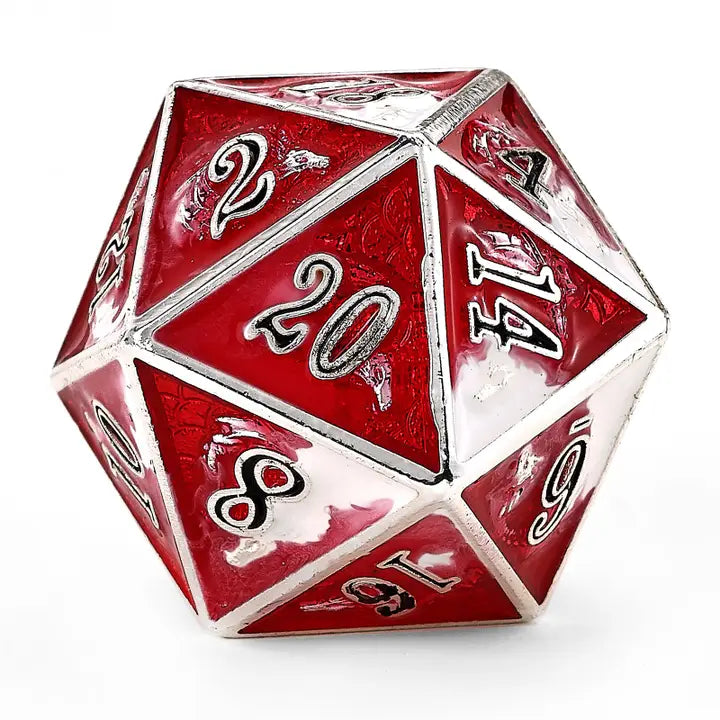 Solid Metal Dragon Polyhedral Dice Set -Silver w/ Red&White
