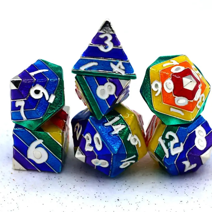 Rainbow Pride Solid Metal Dice Set - Silver with White