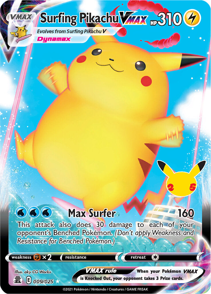 pokemon celebrations pikachu cards Surfing Pikachu VMAX (009/025) [Celebrations: 25th Anniversary]