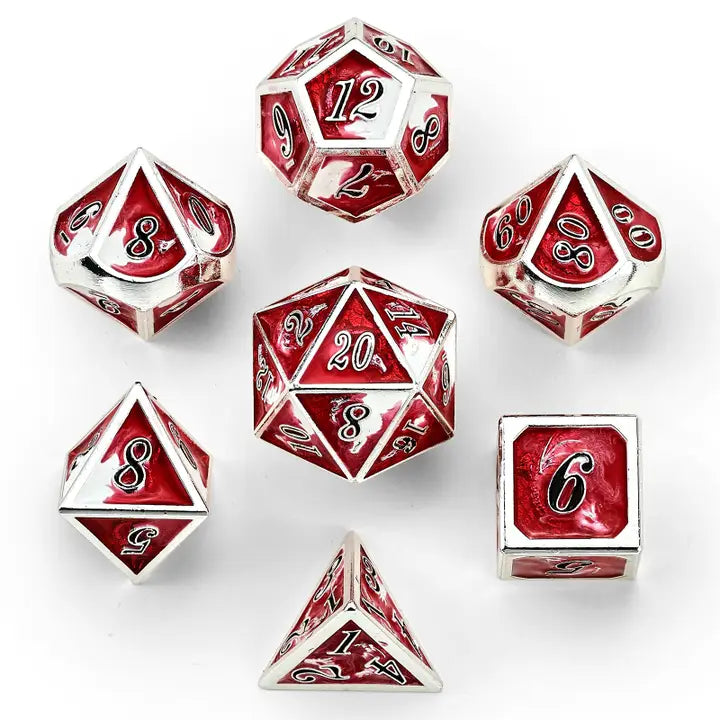 Solid Metal Dragon Polyhedral Dice Set -Silver w/ Red&White