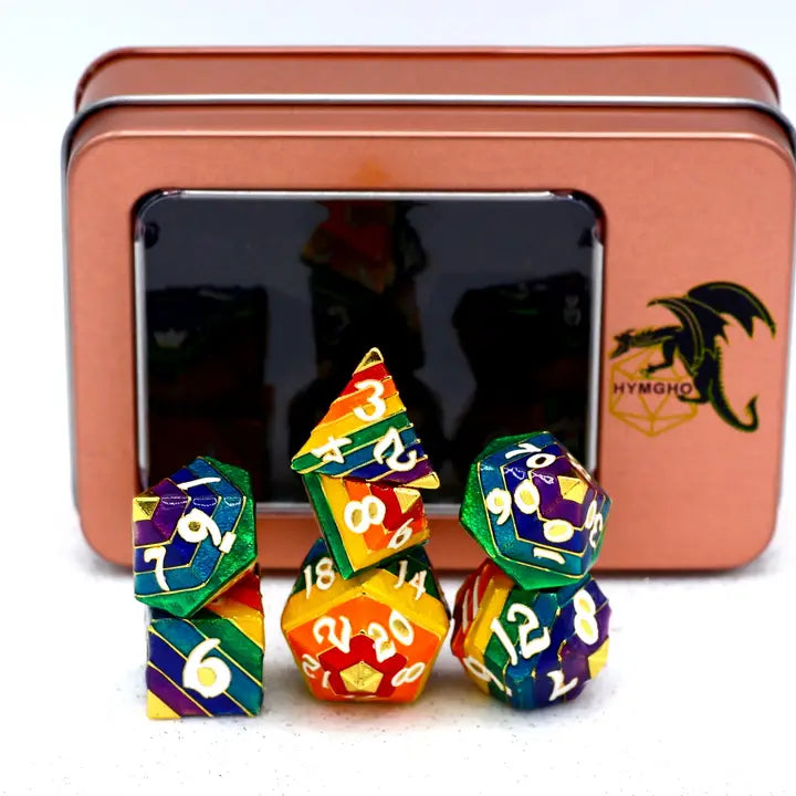 Rainbow Pride Solid Metal Dice Set - Gold with White