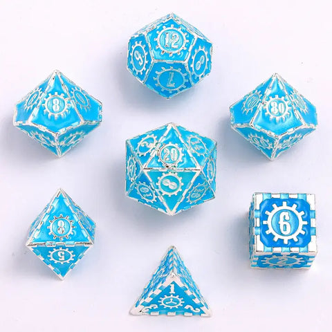 Solid Metal Gear Dice Polyhedral Dice Set - Glow in the Dark Blue
