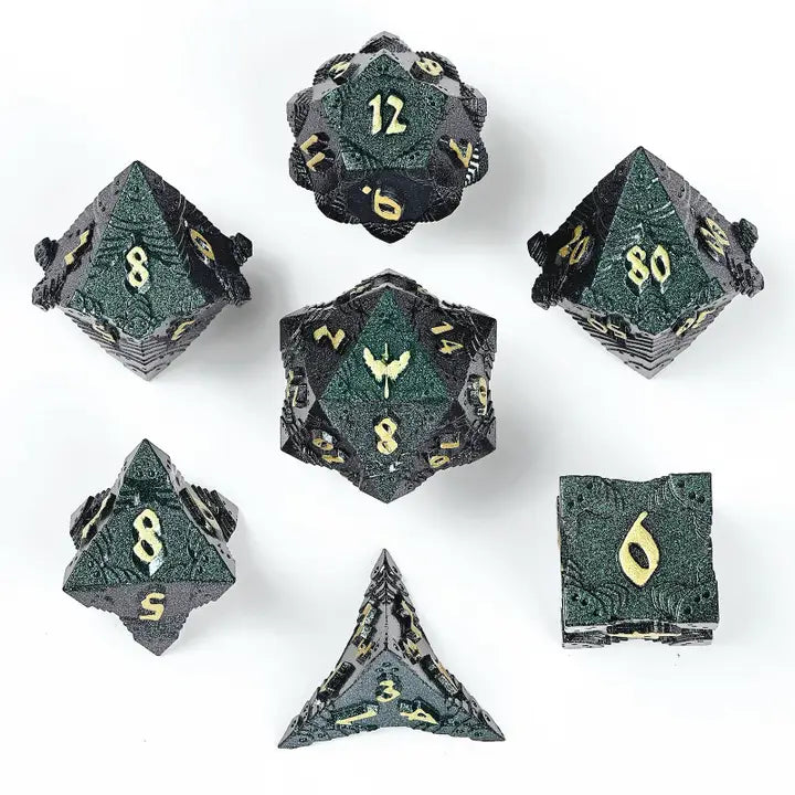 Solid Metal Paladin Class Rpg Dice Set Glitter - Green/Gold