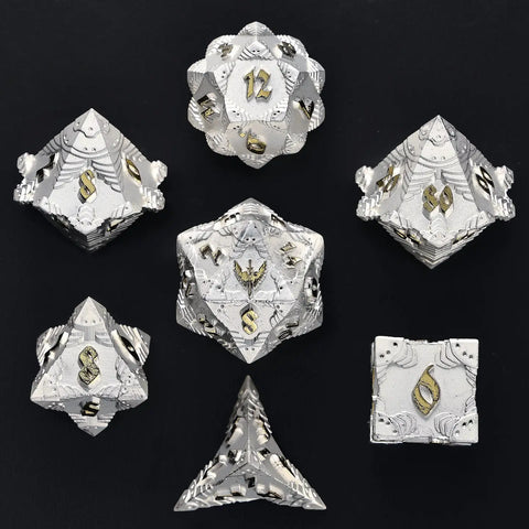 Solid Metal Paladin Class Rpg Dice Set - Matte Silver W/Gold