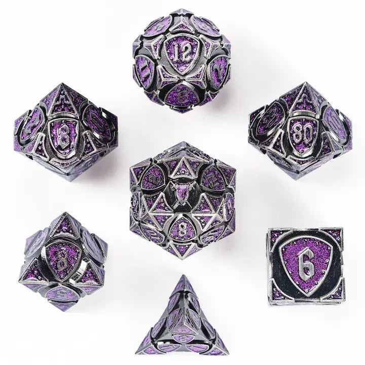Solid Metal Fighter Class Rpg Dice Set - Silver & Purple