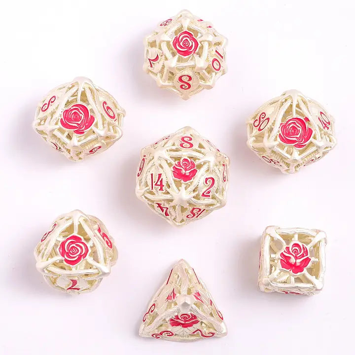 Hollow Metal Rose Dice Set - Matte Silver w/ Pink