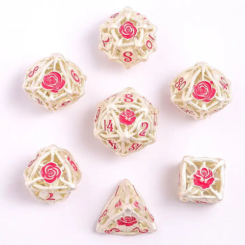 Hollow Metal Rose Dice Set - Matte Silver w/ Pink