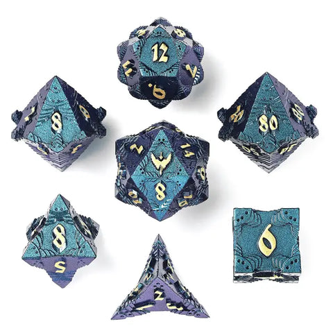 Solid Metal Paladin Class Rpg Dice Set -Glitter Blue w/ Gold