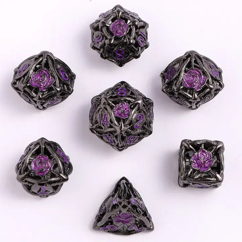 Hollow Metal Rose Dice Set - Gunmetal W/Purple
