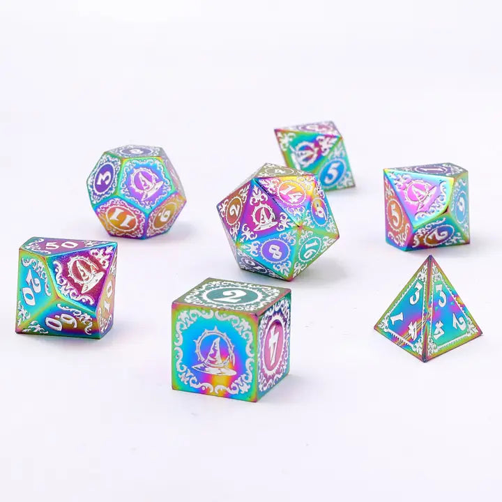 Wizard Solid Metal Polyhedral Dice Set - Rainbow w/ White