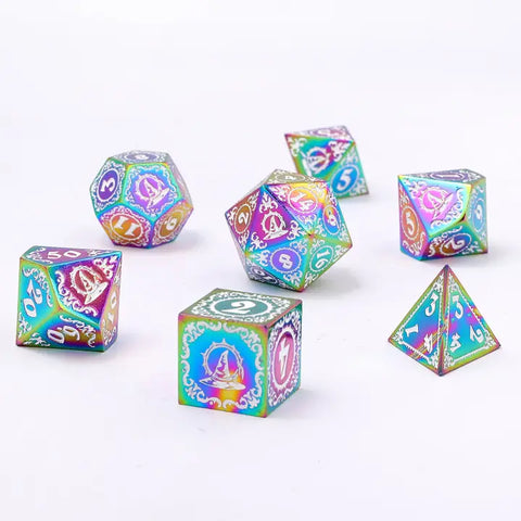 Wizard Solid Metal Polyhedral Dice Set - Rainbow w/ White