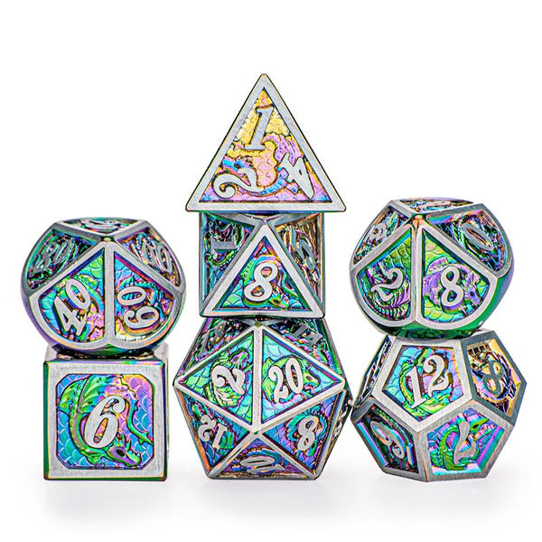 Rainbow with pewter dragon scale metal dice