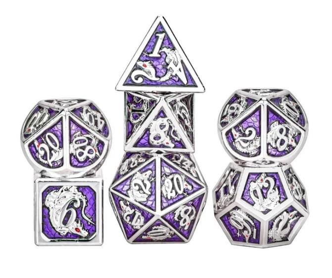 Solid Metal Dragon Dice Silver & Amethyst