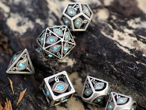 Dragon's Eye Hollow Metal Dice Set - Aqua Blue Gems