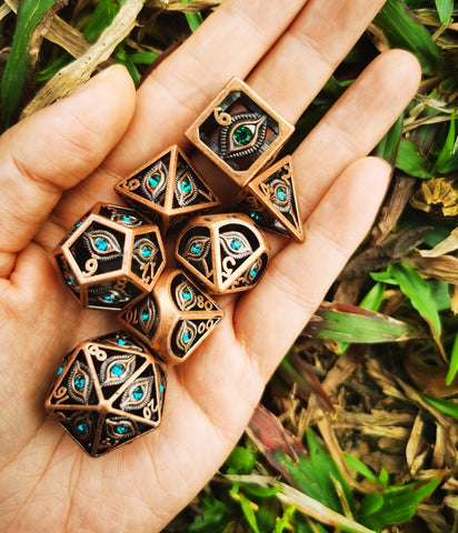 Dragon's Eye Hollow Metal Dice Set - Emerald Green Gems
