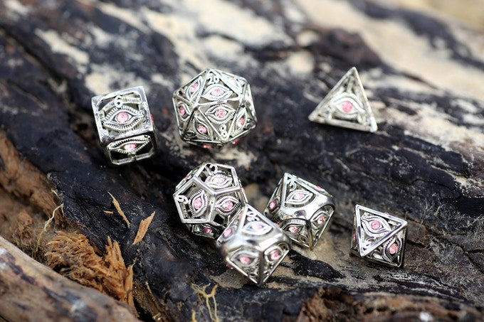 Dragon's Eye Hollow Metal Dice Set - Pink Gems
