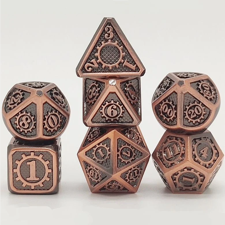 Solid metal steampunk gear dice set Ancient colors