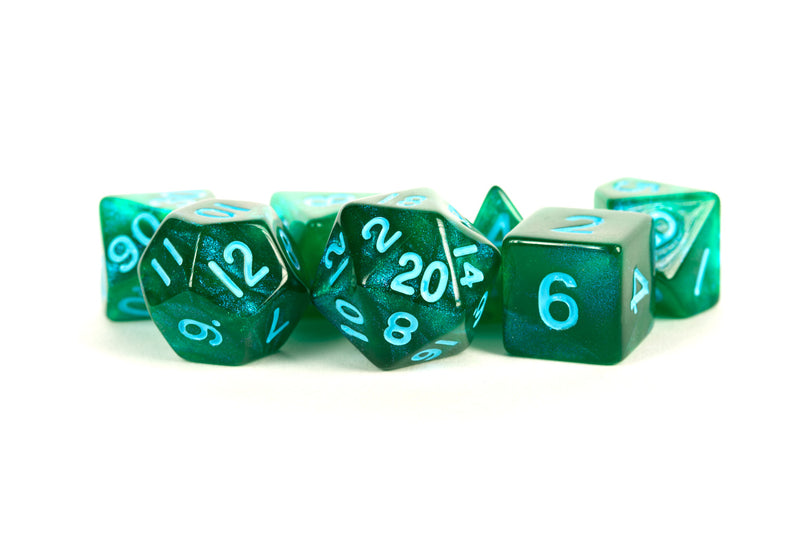 MDG Poly Dice Set: Stardust- Green w/ Blue numbers