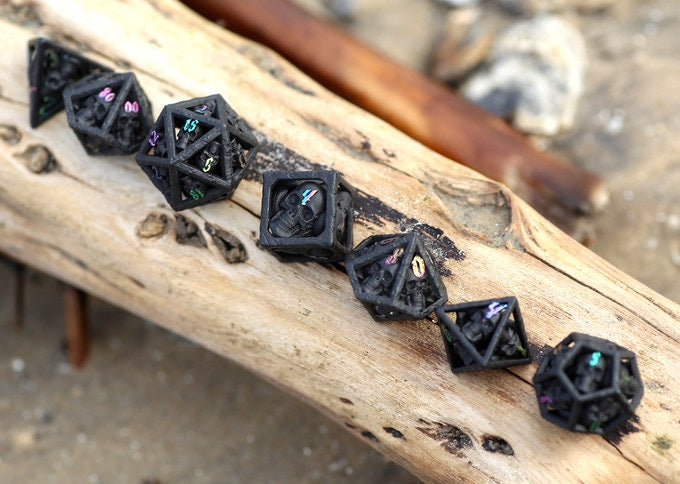 Skull's Grin Hollow Metal Dice Set - Black with Chromatic