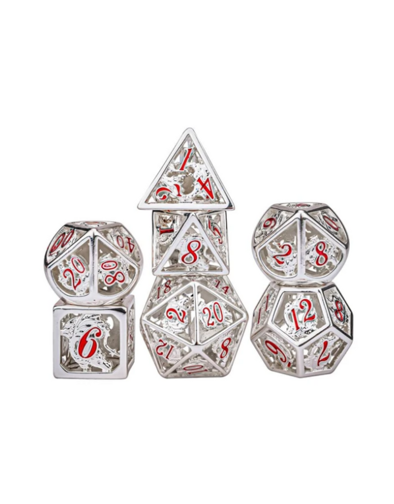 Hollow Metal Dragon Dice Silver & Red